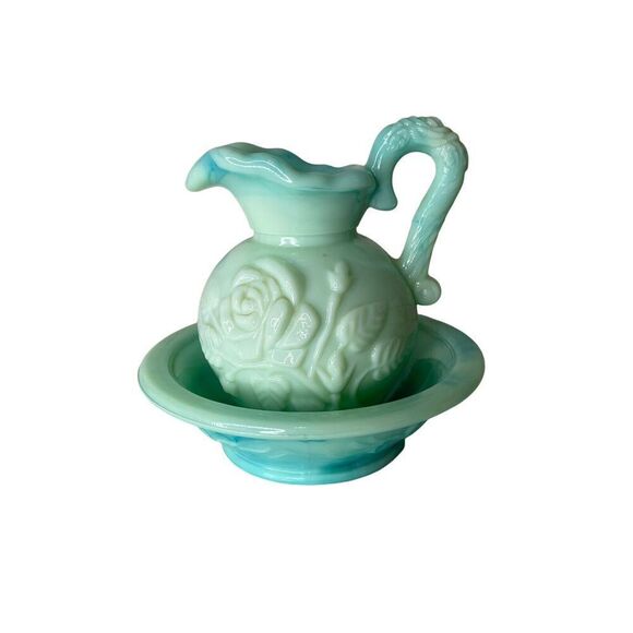 Vintage Avon Jade Marble Milk Glass Pitcher Mini Bowl Rose Victorian Blue - Picture 9 of 16